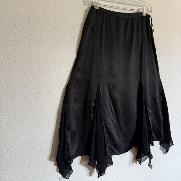 Black Silk Handkerchief Hem Midi Skirt Sheer Panels Witchy Whimsy Goth - Picture 4 of 12